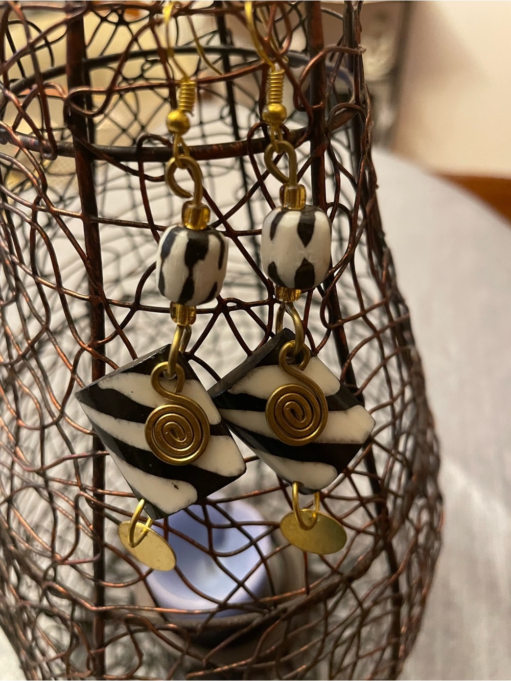 Handcrafted Black and White Zebra Drop Earrings with Gold Accents
